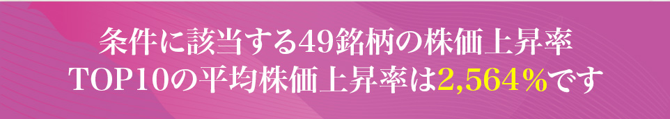 条件に該当する49銘柄の株価上昇率TOP10の平均株価上昇率は2,564%です